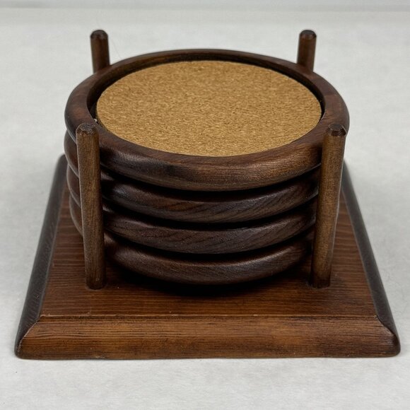 Vintage Wooden Coaster Set Four-Post Holder 4 Wood Coasters with Cork Inserts - Picture 1 of 14